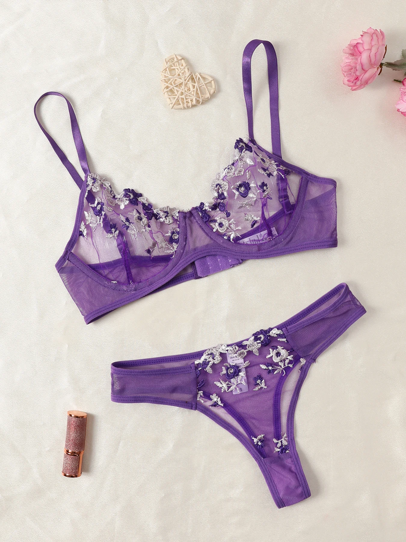 Purple Fancy Sexy Lingerie Set See Through Hot Female Underwear Embroidery Flower Bra And Panty Sets Women Erotic Outfits