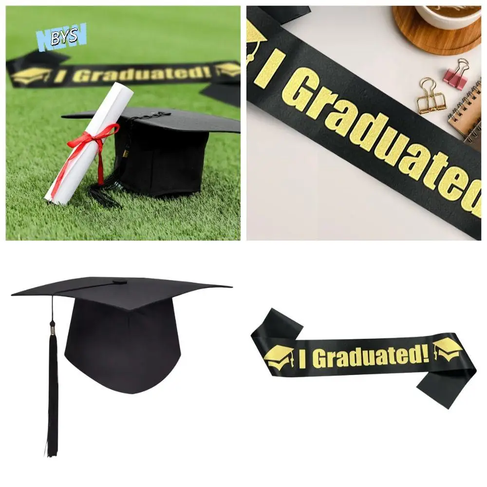 

2Pcs Adjustable Graduation Cap and Sash Set Elegant with Tassels Academic Hat and Belts Kit Photo Props Plastic