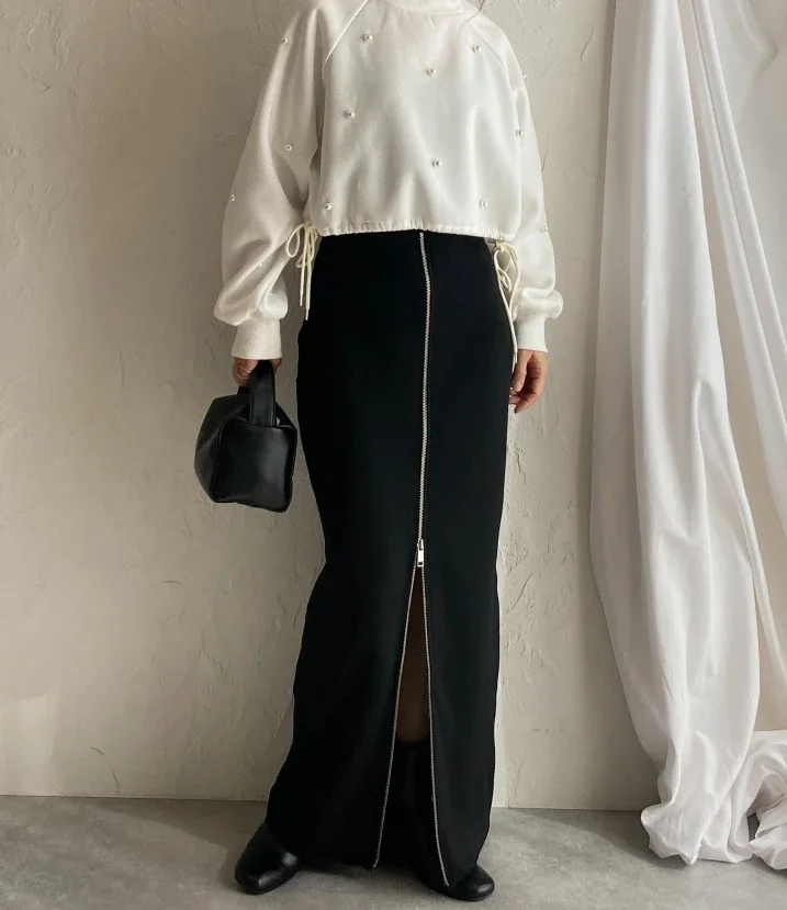 Chic Zipper  Knitted Skirt Long Office Elegant High Waist Ladies 2024 Autumn Women Casual Loose  Female Knitted Skirts