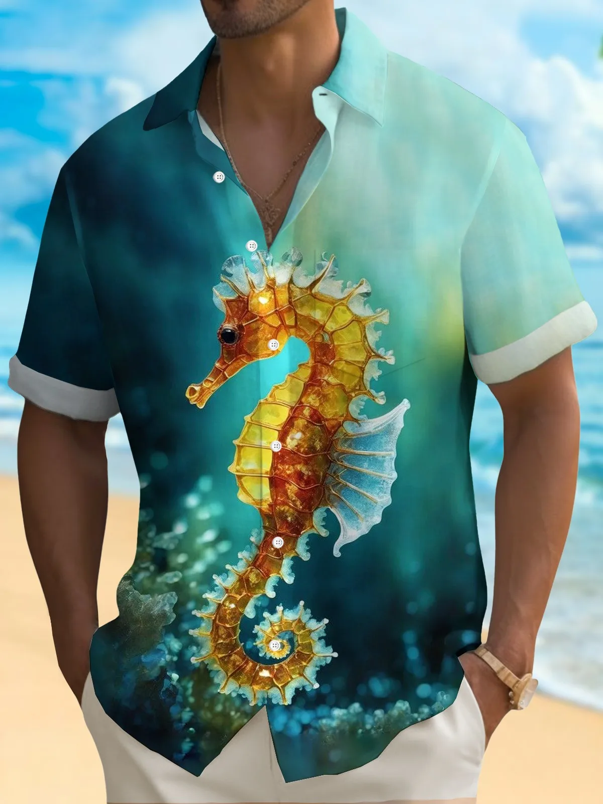 

Summer Men's 3D Printed Marine Organism Graphic Shirt Hawaiian Casual Shirts Button Up Short Sleeve Shirts No Pocket