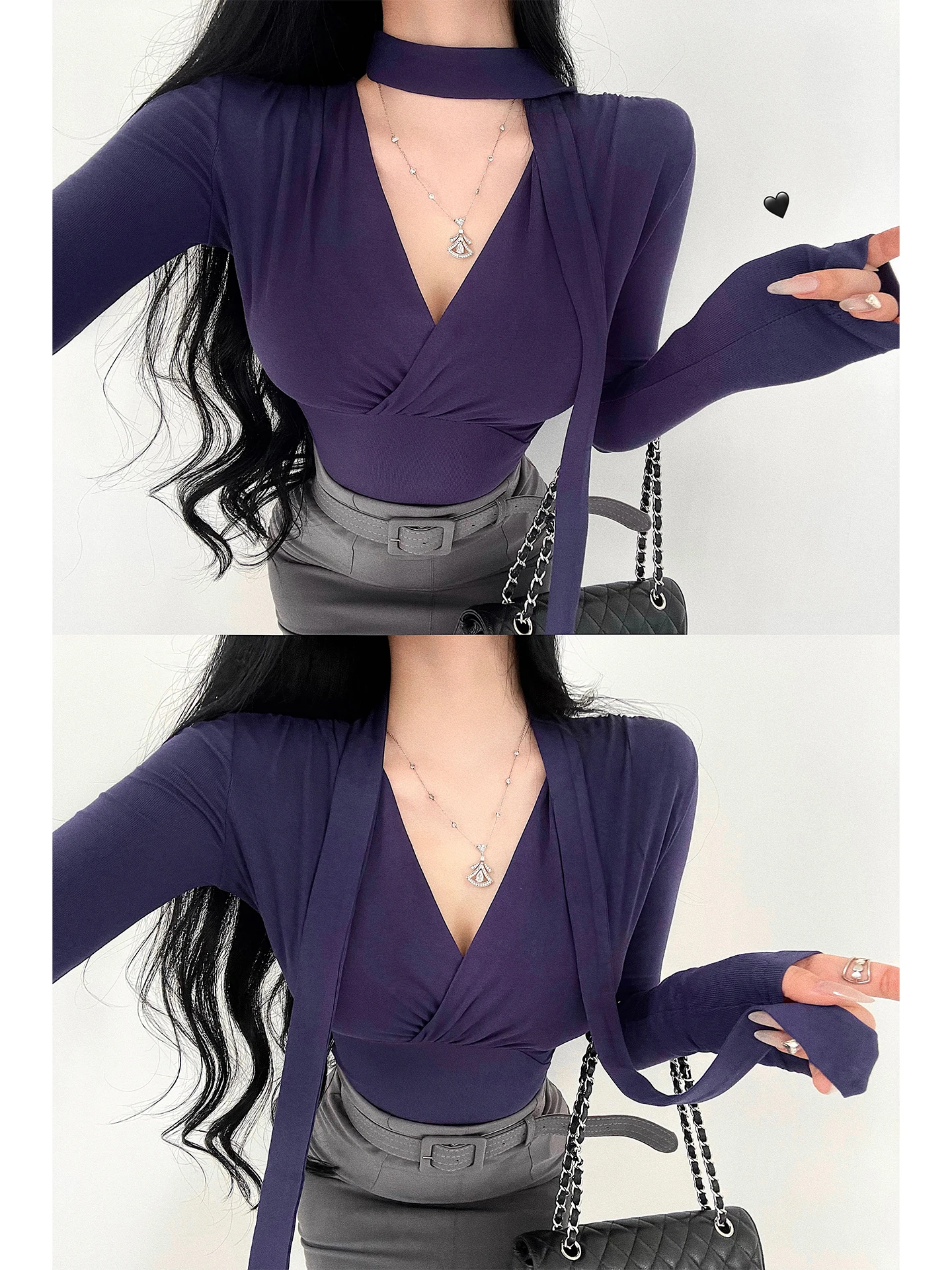 

Сексуальная футболка Pure Desire Long Sve, женская облегающая футболка с v-образным вырезом и галстуком-бабочкой, повседневная одежда, повседневная одежда, китайская мода