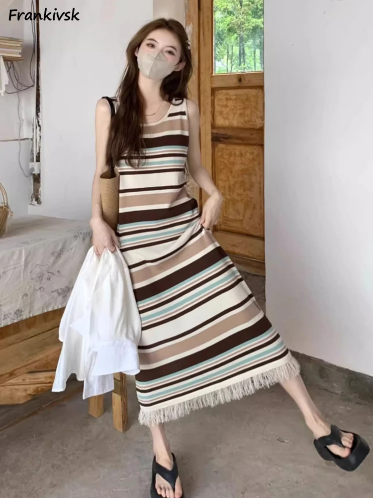 Women Dresses Bohemian Beach Style Comfortable Summer Versatile Mori Girl Holiday Pullover Colorful Striped Y2k American Tassel