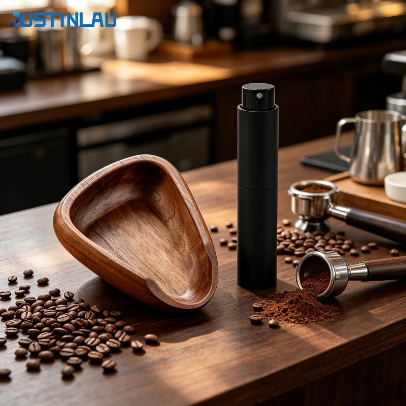 JUSTINLAU Coffee Bean Dosing Tray＆Spray Bottle Set Portable Wooden Bean Measuring Tray Dispensing Bottle Coffee Barista Tools