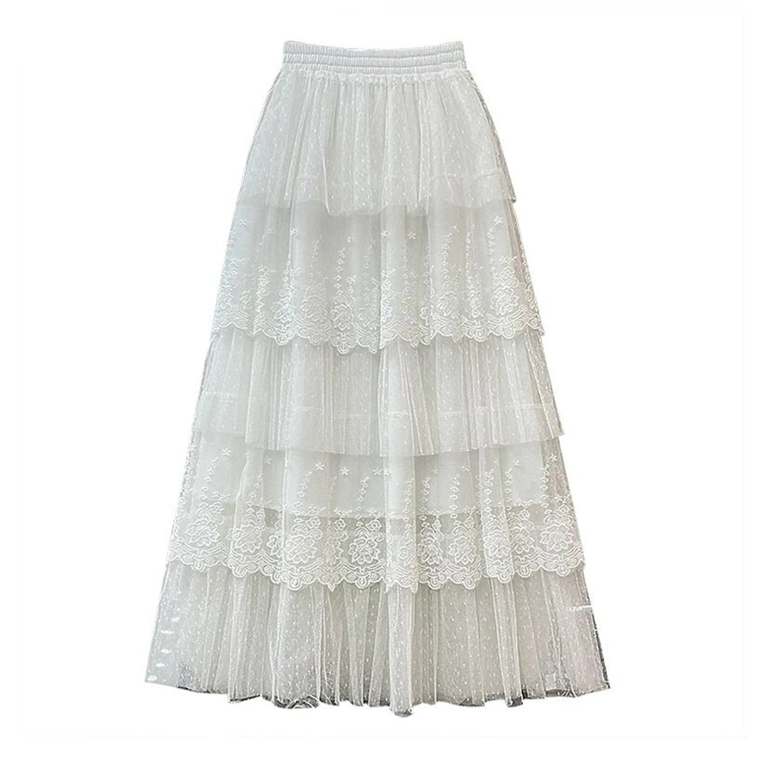 

2024 New Spring Summer Women High Waist Slim Long Skirt High Quality Sweet Flowers Embroidery Mesh Tulle Cake Skirt