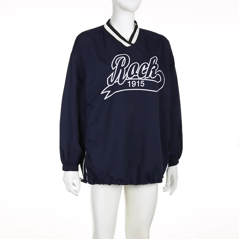 

Letter Print Pullover Women Sporty Casual Hipster Long Sleeve Thin V-Neck Lose T-Shirt Wild Streetwear Trend Tees