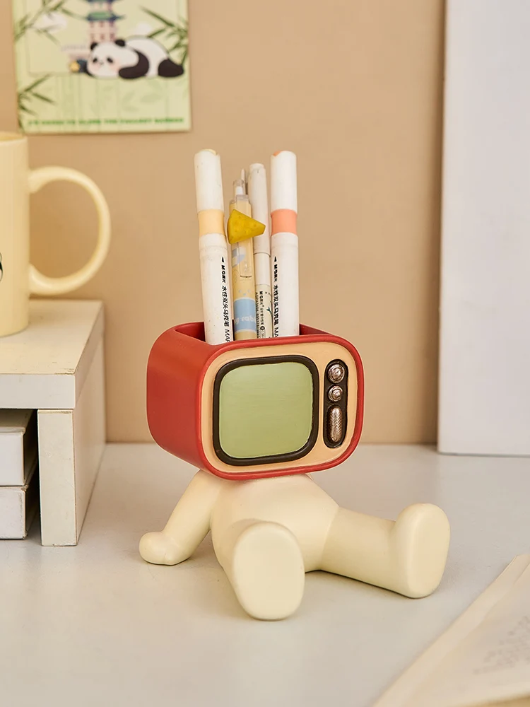 Multi functional TV creative pen holder high aesthetic desktop pen holder phone holder integrated student storage cute ornaments