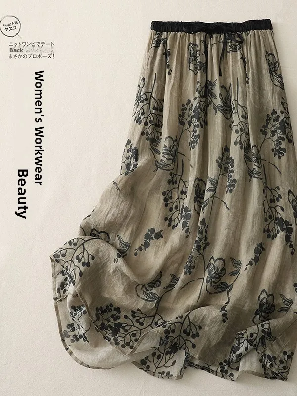 Jupe mi-longue trapèze taille haute en lin imprimé Floral pour femmes, jupe d'été Vintage artistique f-longue avec jupe longue intérieure