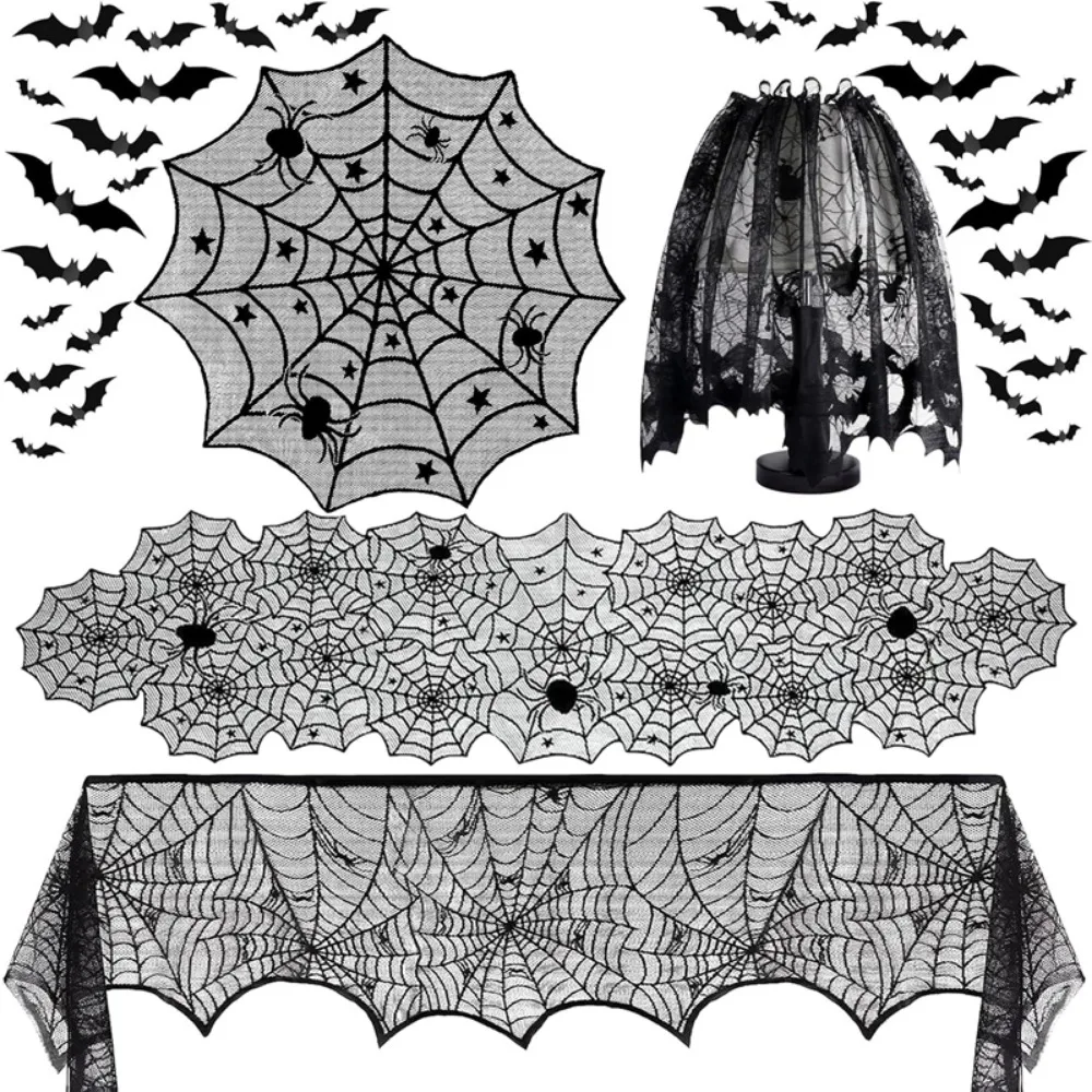 4-teiliges Halloween-Spinnennetz-Dekorationsset mit 32 3D-Fledermaus-Aufklebern aus schwarzem Polyester für Spukhaus-, Horrorfilm- und Partydekoration
