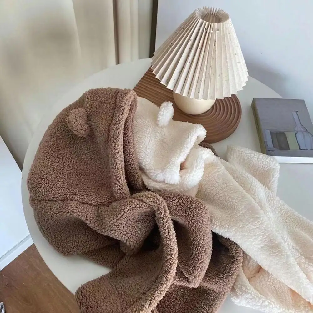 

2025 Women Winter Plush Hat Cute Bear Ear Shape 3 in 1 Hat Scarf Gloves Set Solid Color Warm Casual Fleece Neck Warmer Hat