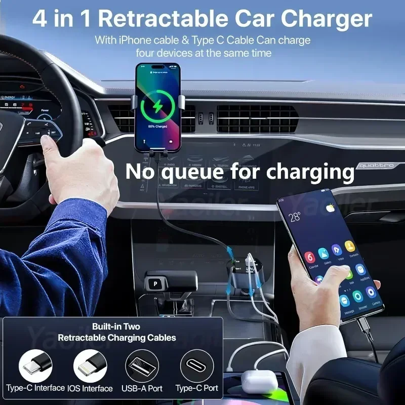 120W Retractable Car Charger, 4 in 1 Fast Car Phone Charger 66W, 2 Retractable Cables and USB Car Charger, for iPhone Samsung