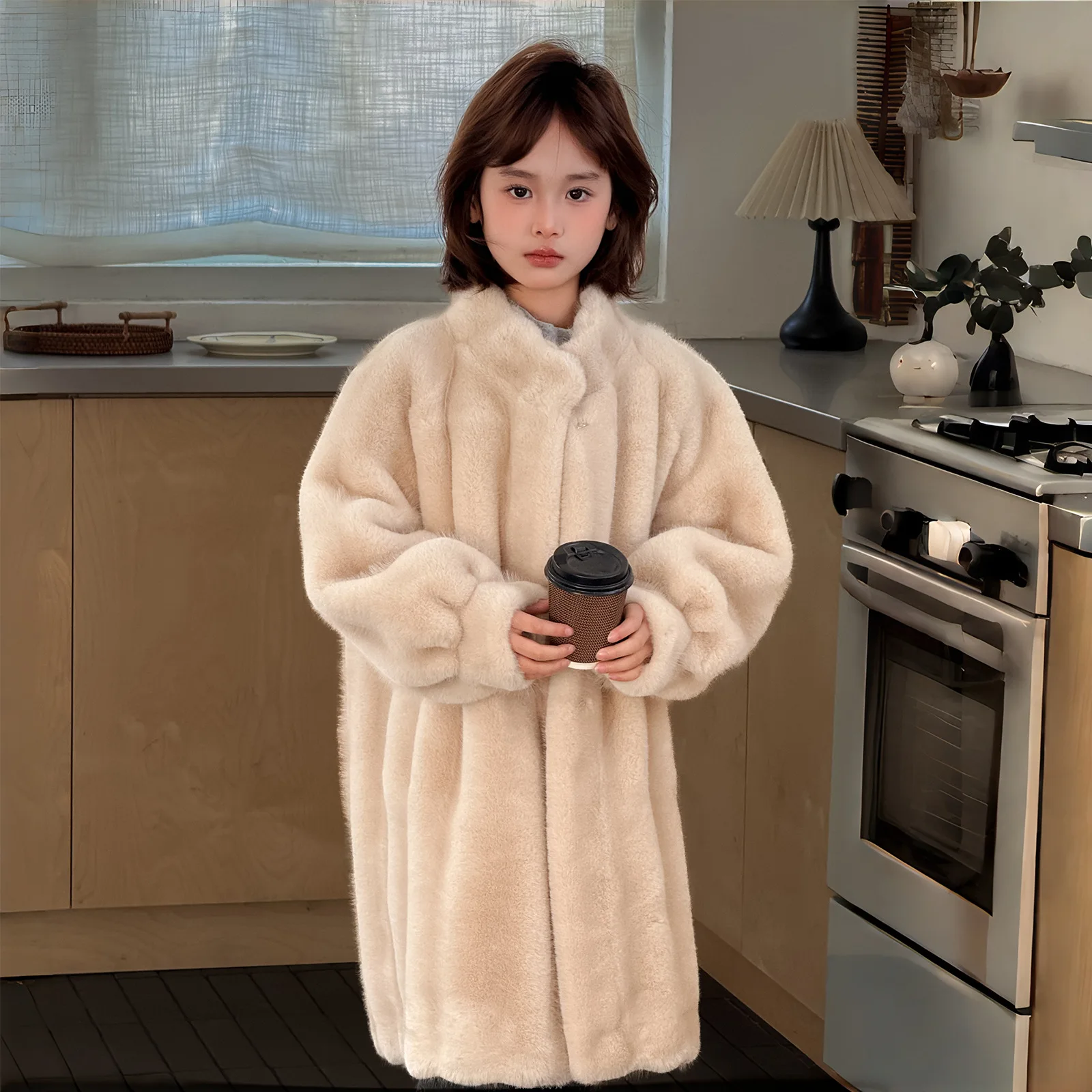 UNITIM Winter Children Girls Mid‑Length Faux Fur Coat Kids Girls Integrated Thicken Jacket Fluffy Warm Outerwear for Teens Girls