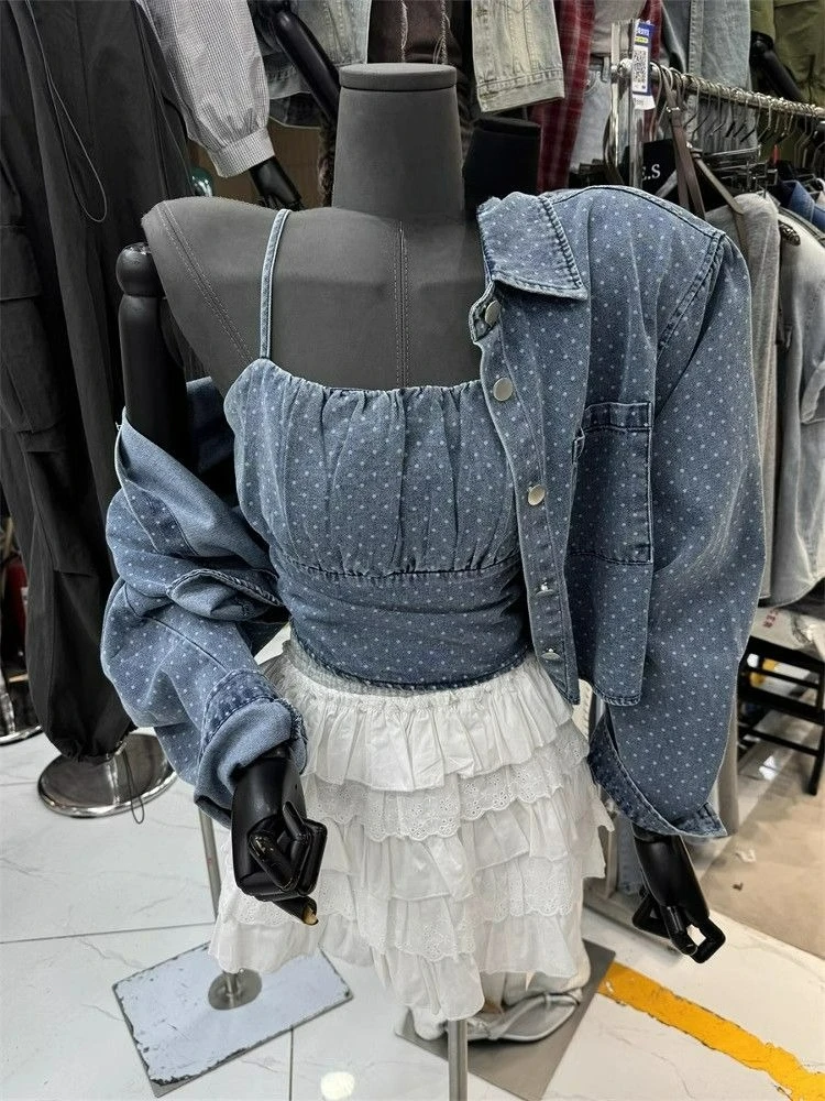 

Dot Denim Suit Women's Causal Fashion Long Sleeved Shirt+camisole Top Two-piece Set