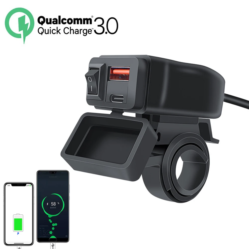 

Waterproof Motorcycle Handlebar Phone Charger PD QC3.0 Fast Charger Dual Ports Motorbike Charger Power Adapter with Switch