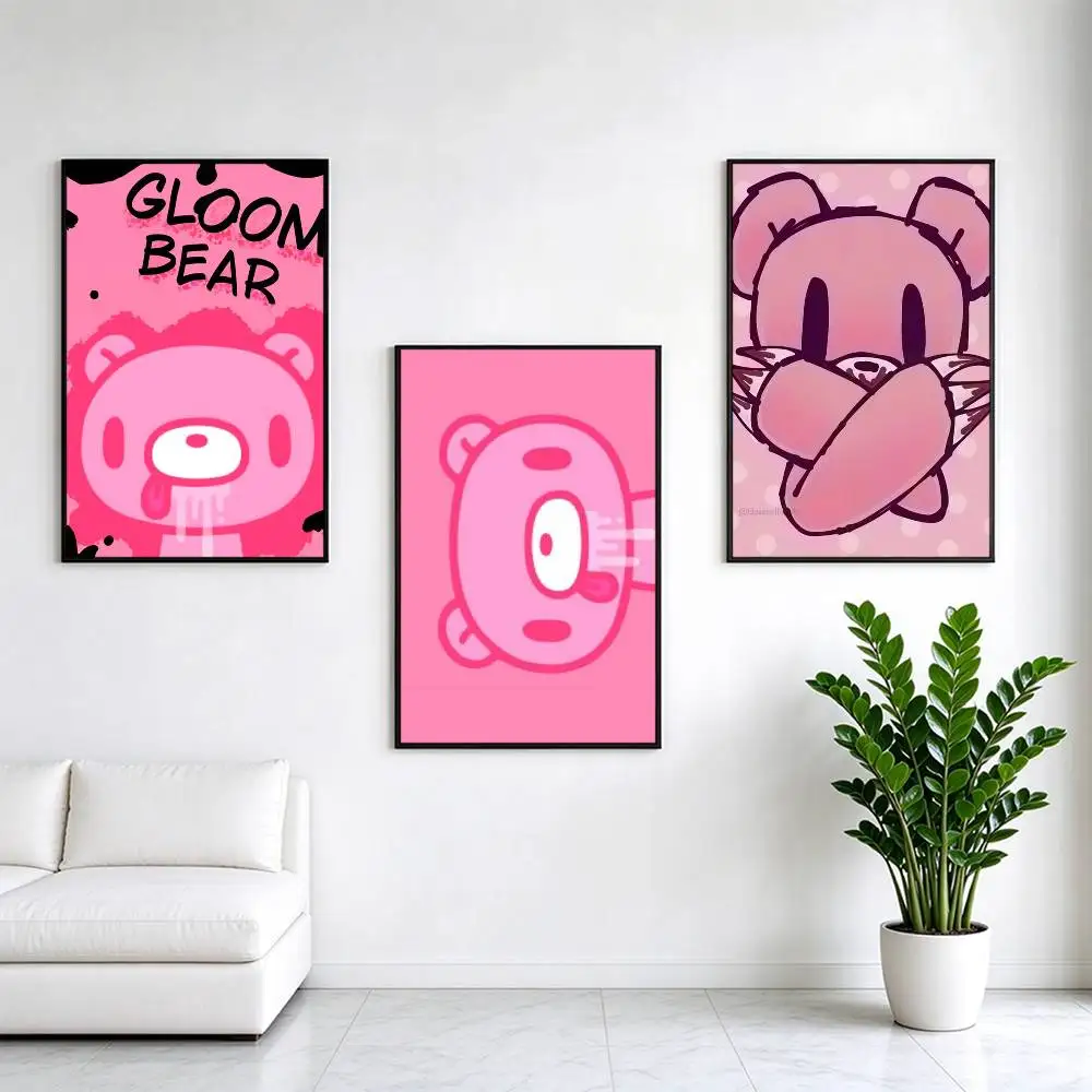 Guro Kawaii Pink Bear Gloomy  Poster Waterproof Wall Art Sticker For Bar Living Room Vintage Decor High Quality Print Gift