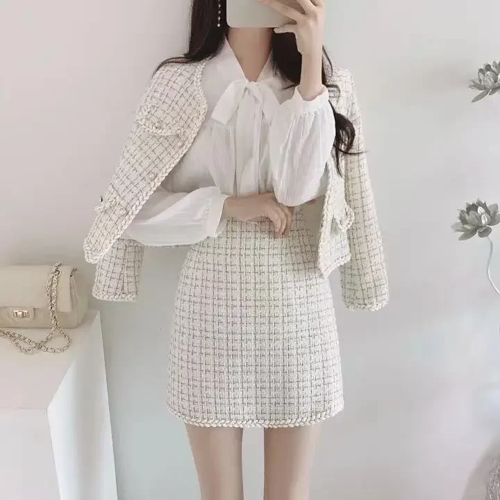 UNXX Korean Version Elegant Set for Women Female Office Lady, Socialite New Stylish Youthful Tweed Jacket + High-waist Skirt