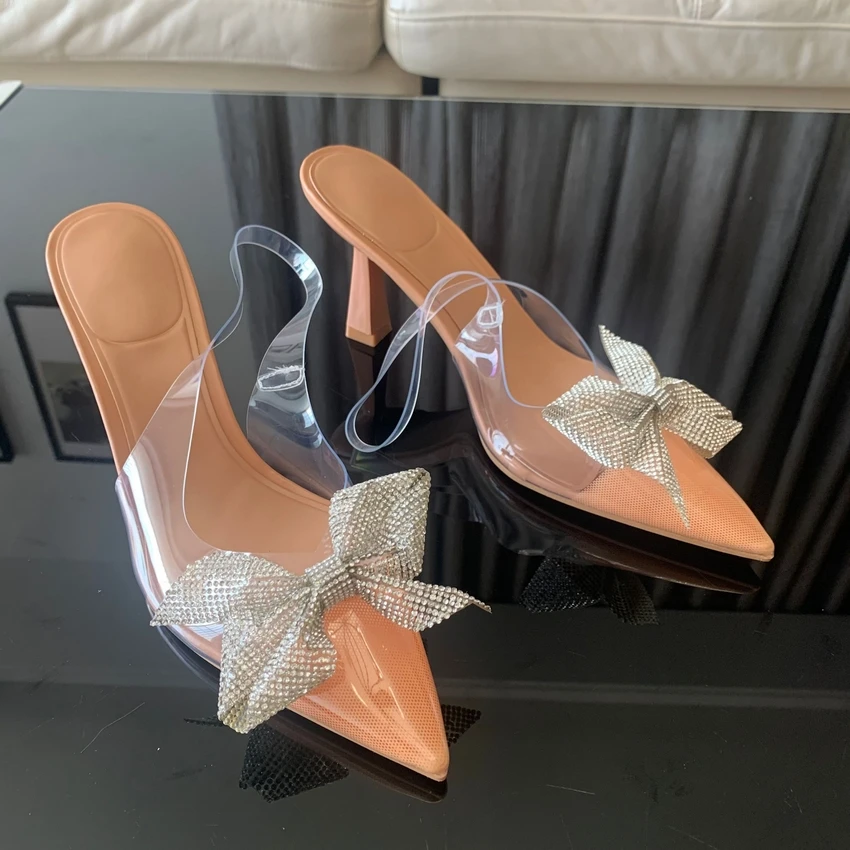 Transparent High Heels For Women 2024 Summer Pointed Toe Heeled Sandals Fashion Bow Slingbacks Pumps Ladies Stiletto Shoes