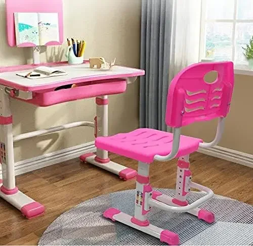 %a Kids Desk and Chair Set, Height Adjustable Children School Study Desk with Tilt Desktop, Bookstand, LED Lamp, Metal Hook and