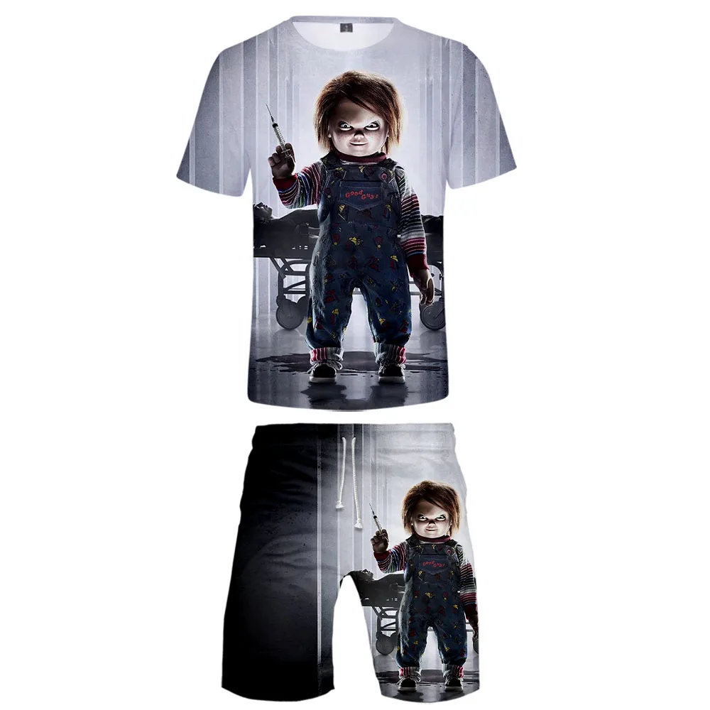 2025 3D printed fashion set, streetwear horror movie set, 2-piece set, summer short sleeved T-shirt shorts