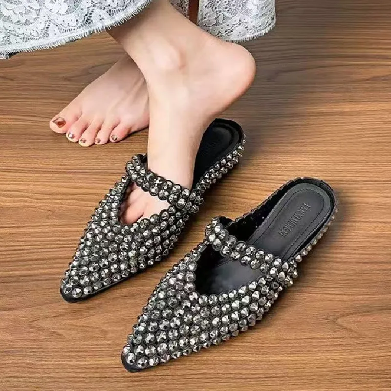 

Luxury Rhinestone Slide Sandals Women Summer Pointed Toe Mary Jane Mules Half Slippers Comfort Non-Slip Loafers Fashion Footwear