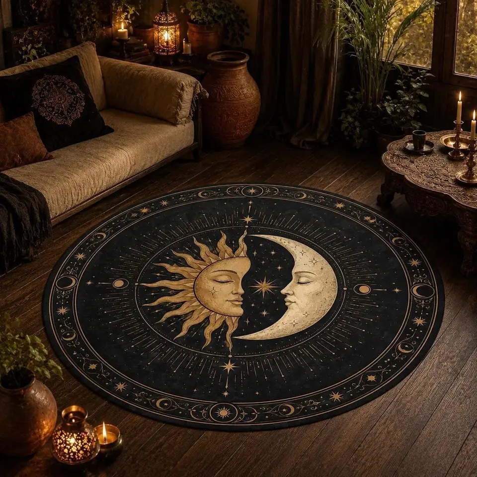 Starry Sky Moon Sun Round Velvet Carpet