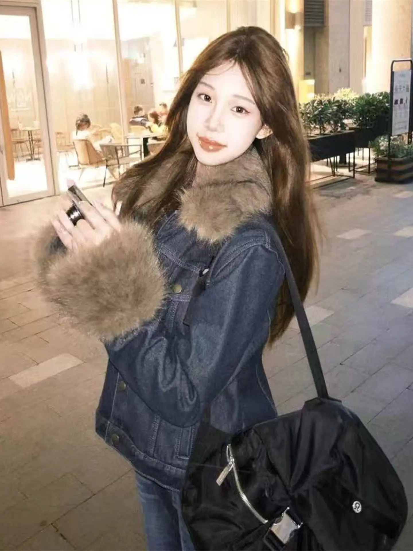 

Denim Coat With Fur And Hood Plush Womens Fall Fleece-Like Functional Raglan Varsity Hiking Festival Ultra-Light Canvas Jackets