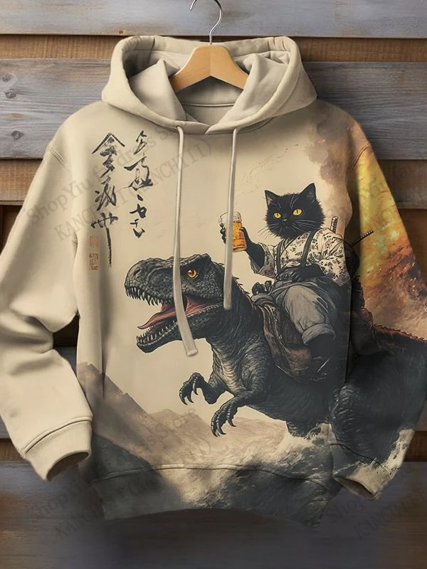 Hoodie Gambar 3d Dinosaurus Kucing Kartun Mantel Sweter Hoodie Antik Ukuran Besar Mode Pria Wanita Pakaian Pria Uniseks Moletom