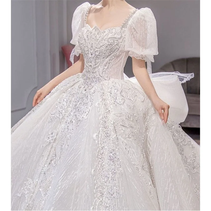 Robe De Mariée princesse à manches bouffantes, luxueuse tenue De bal à paillettes et perles en cristal, avec traîne