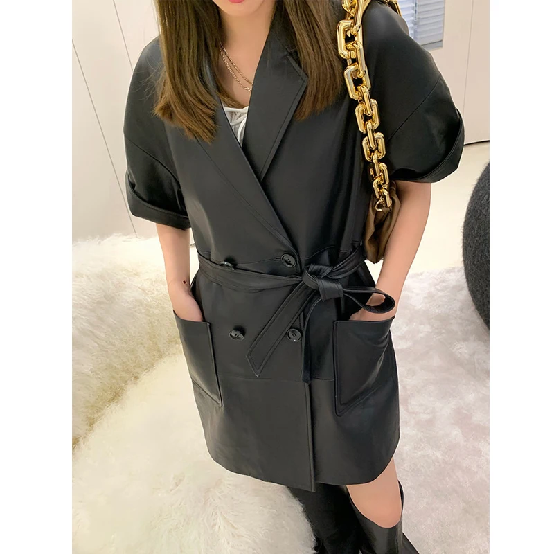 Trench mi-long en peau de mouton pour femme, niveau A, Double boutonnage, manches courtes, à lacets, en cuir véritable, importé, automne