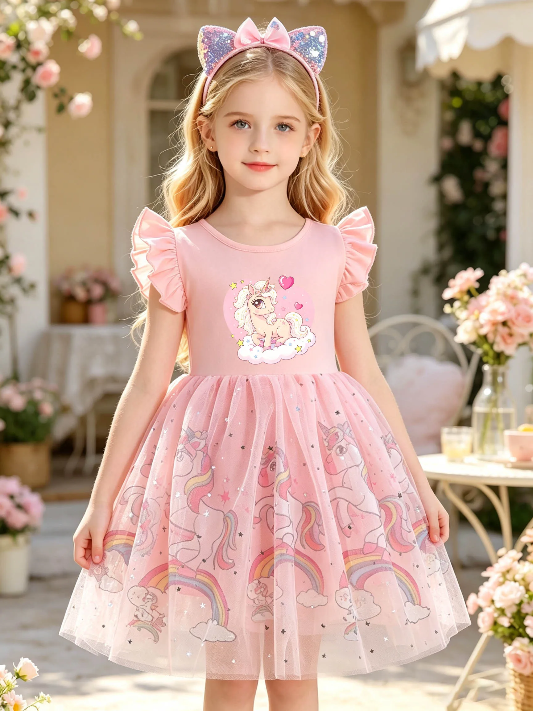 Pink Cloud & Heart Unicorn Flutter Sleeve Dress for Girls, Sparkly Star Tulle Puffy Princess Dress