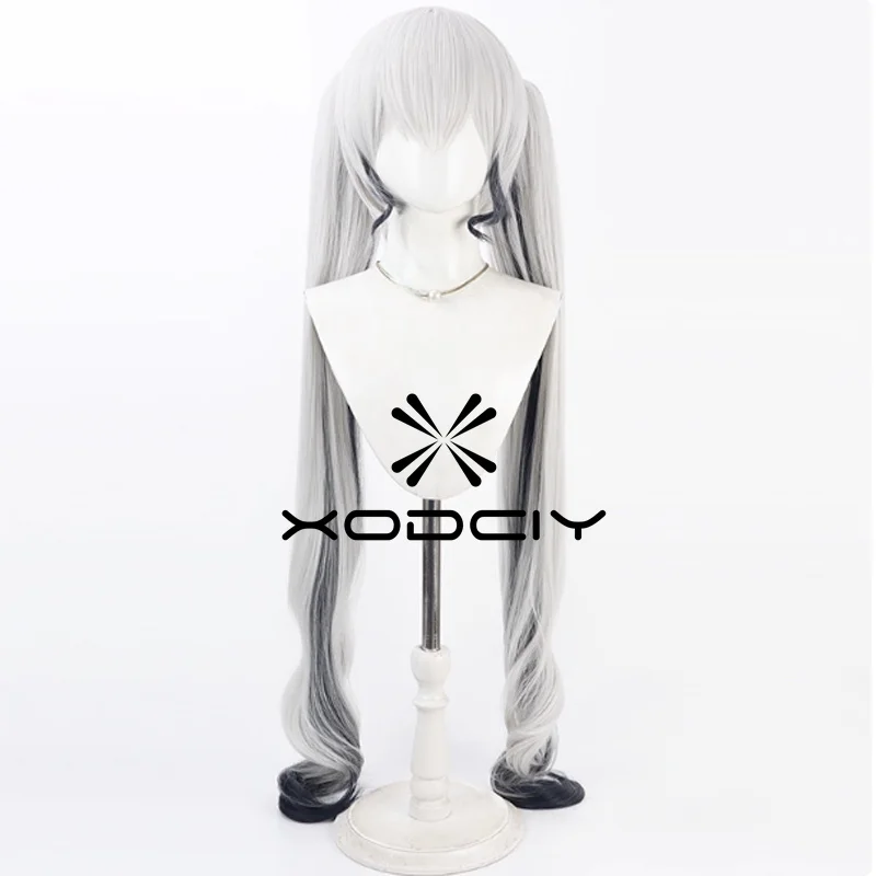 Peruka cosplay FGO Aqua Ruler 100cm Srebrno-Biała Gradientowa Syntetyczna z Doczepianymi Kucykami i Czepeczkiem Gratis