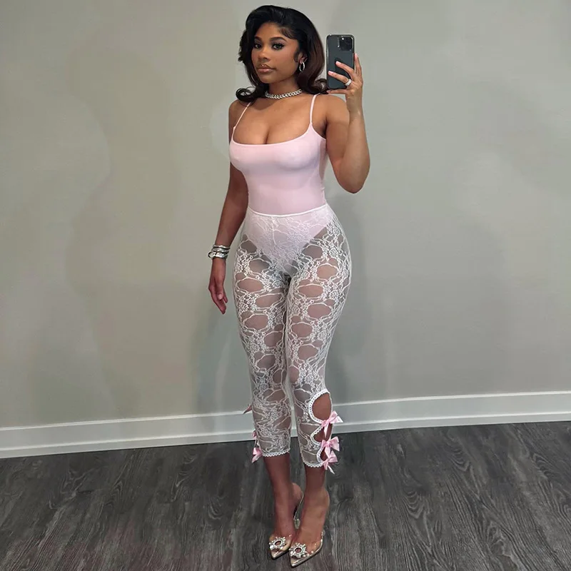 

Sexy Women Lace Bowknot Perspective Capris Skinny Cropped Pants High ElasticHollow Out Pants Lace Ankle-length Pants Leggings