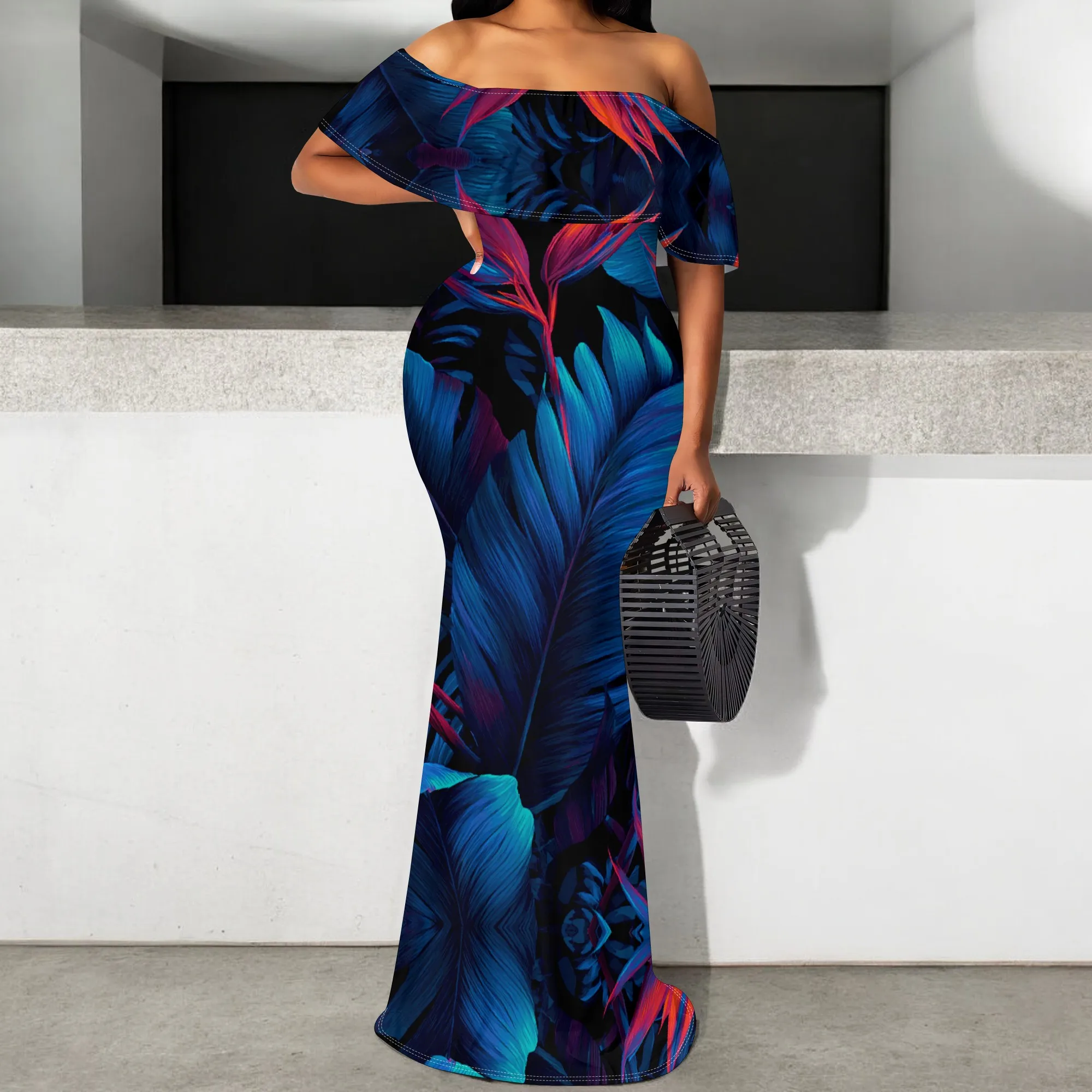 

Sexy Off Shoulder Mermaid Dress for Women Tropical Print Ruffle Bodycon Evening Party Dress S-3XL