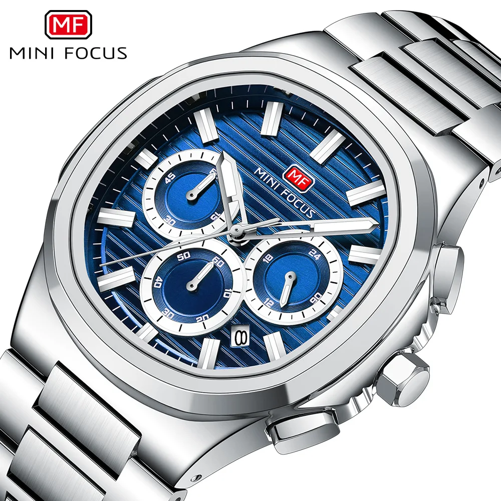 MINI FOCUS 2026 New Men Square Chronograph Quartz Watch Blue Dial Stainless Steel Band Waterproof Sports Casual Male Wristwatch