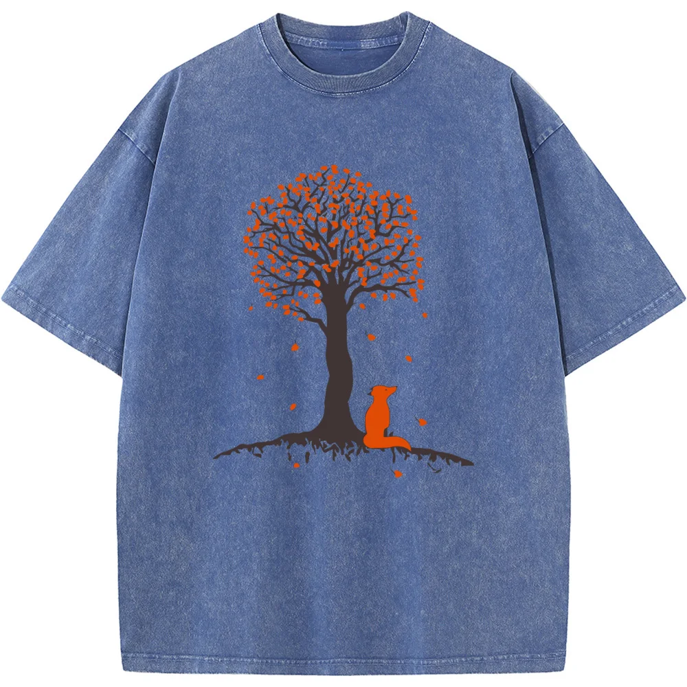 Men's High Quality Short-Sleeved Shirt under Forest Fox Tree 90s vintage unisex washed old T-shirt Vintage Colored Mens T-shirts