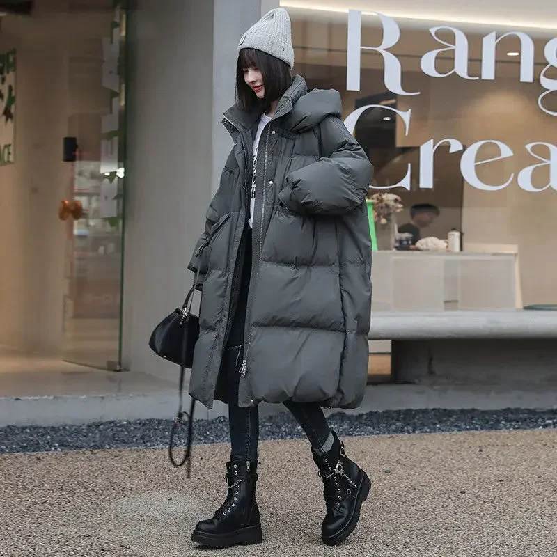 Korean Version of Ins New Down Jacket Female Long Fashion Loose Hooded Warm Over The Knee Fat MM Large Size Coat Simple Fashion