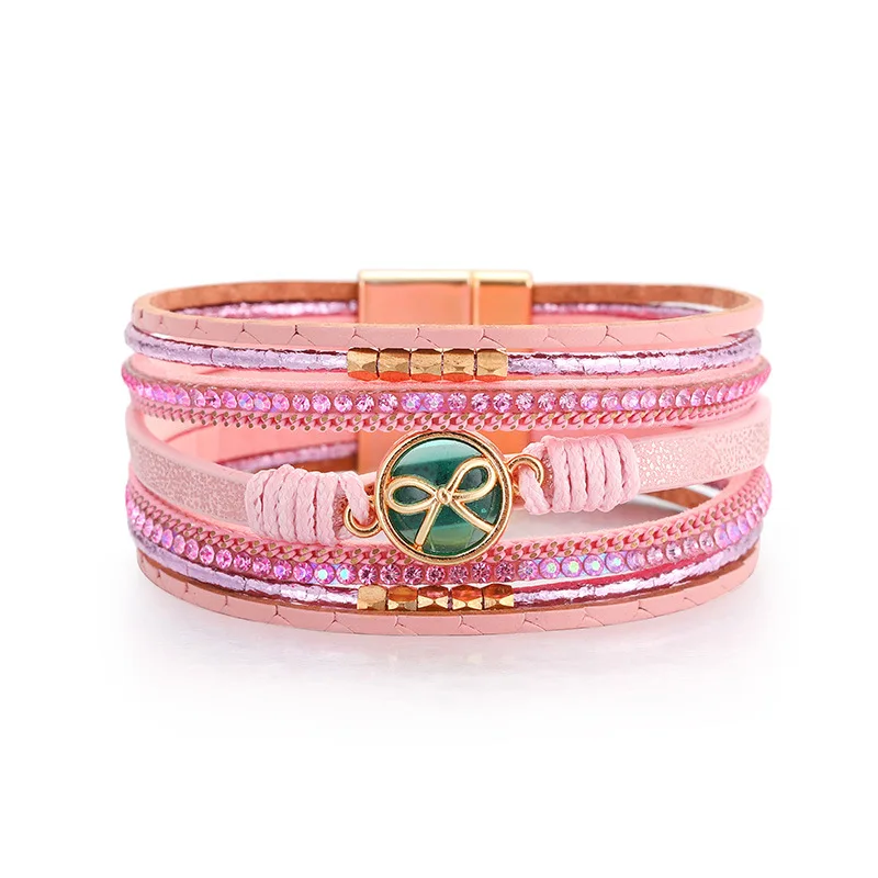 Kirykle-Bracelet bohème en cuir PU pour femme, nœud papillon, perles de cristal, multicouches, bijoux tressés faits à la main