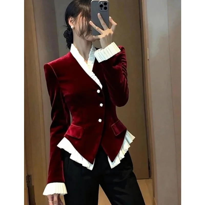 

French Petty Bourgeoisie Black Ruffle Edge Splicing Velvet Shirt Women's Fall New Fashionable Temperament Light Waist Pinch Top