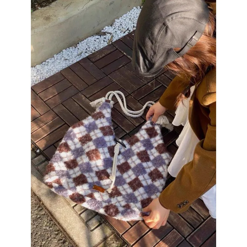 

New Fall Winter Plaid Fleece Tote Bag, Large Capacity Stylish Shoulder Bag, Ultimate Daily Purse for Women,handbag