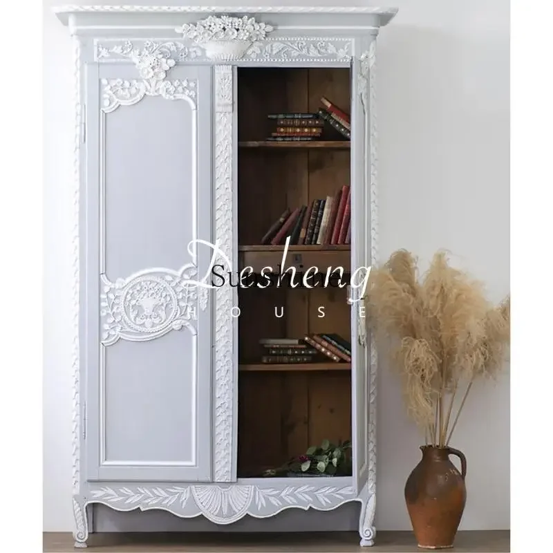 

French retro old solid wood wardrobe double door hand-carved palace storage cabinet can be customized FT