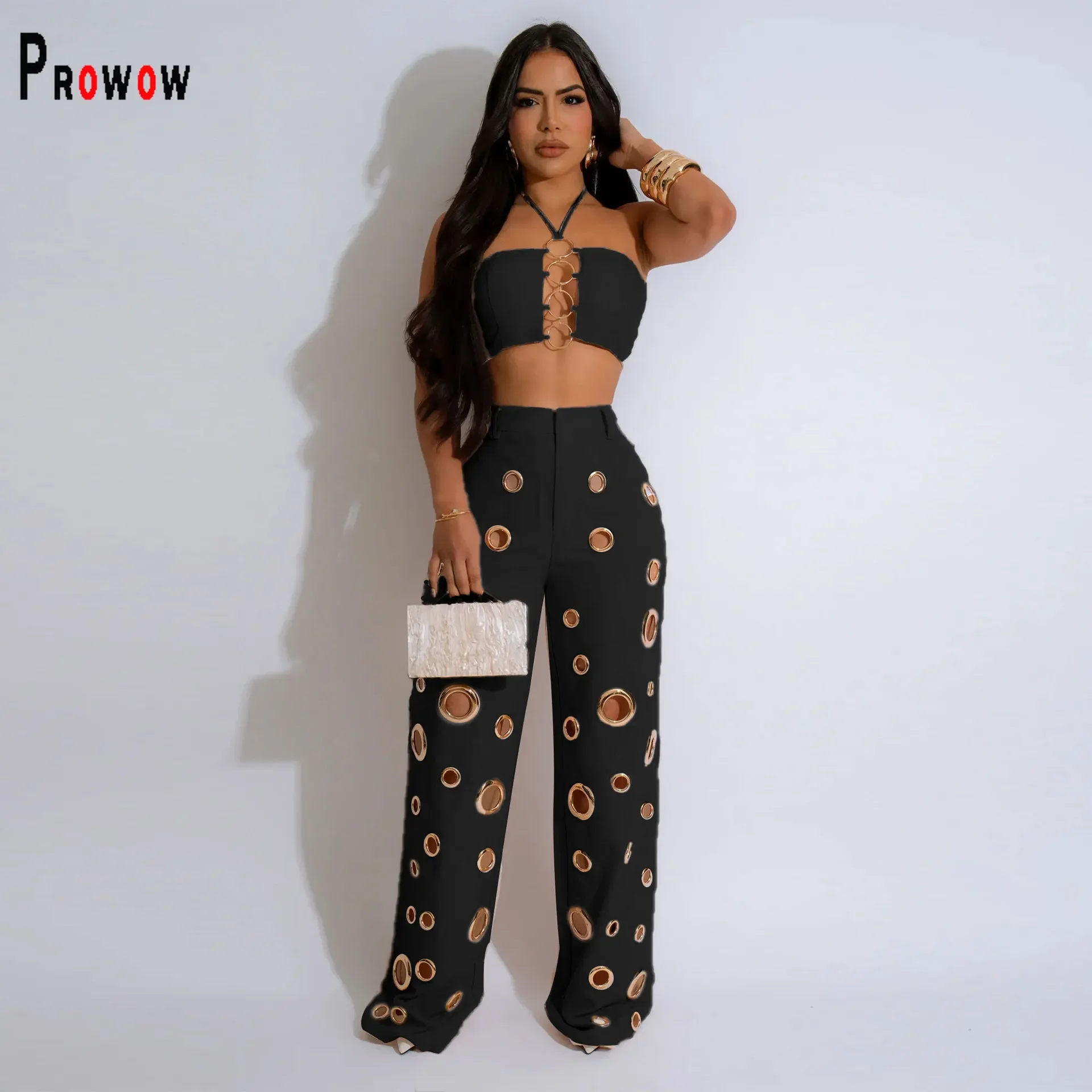 Prowow Fashion Two Piece Women Clothing Set  Cropped Tanks Tops High Waist Hole Wide Leg Pant Matching Suits for Party Nightclub