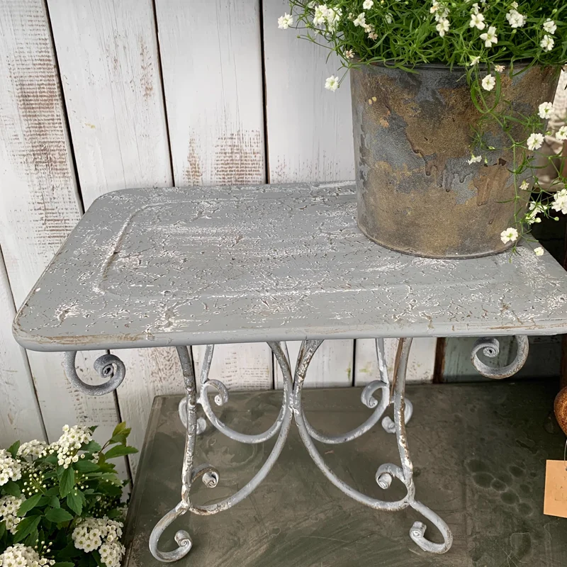 Multi-Purpose Cement Gray Finish Scrolled Vintage Rustic Metal Iron Stool Flower Stand and Seating