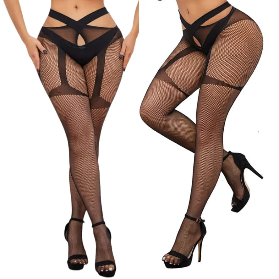 

NEWJOINFUN Lace Fishnet Black Pantyhose Plus Size Thigh High Stocking with Garter Belt Suspenders Tights Sexy for Oversize Woman