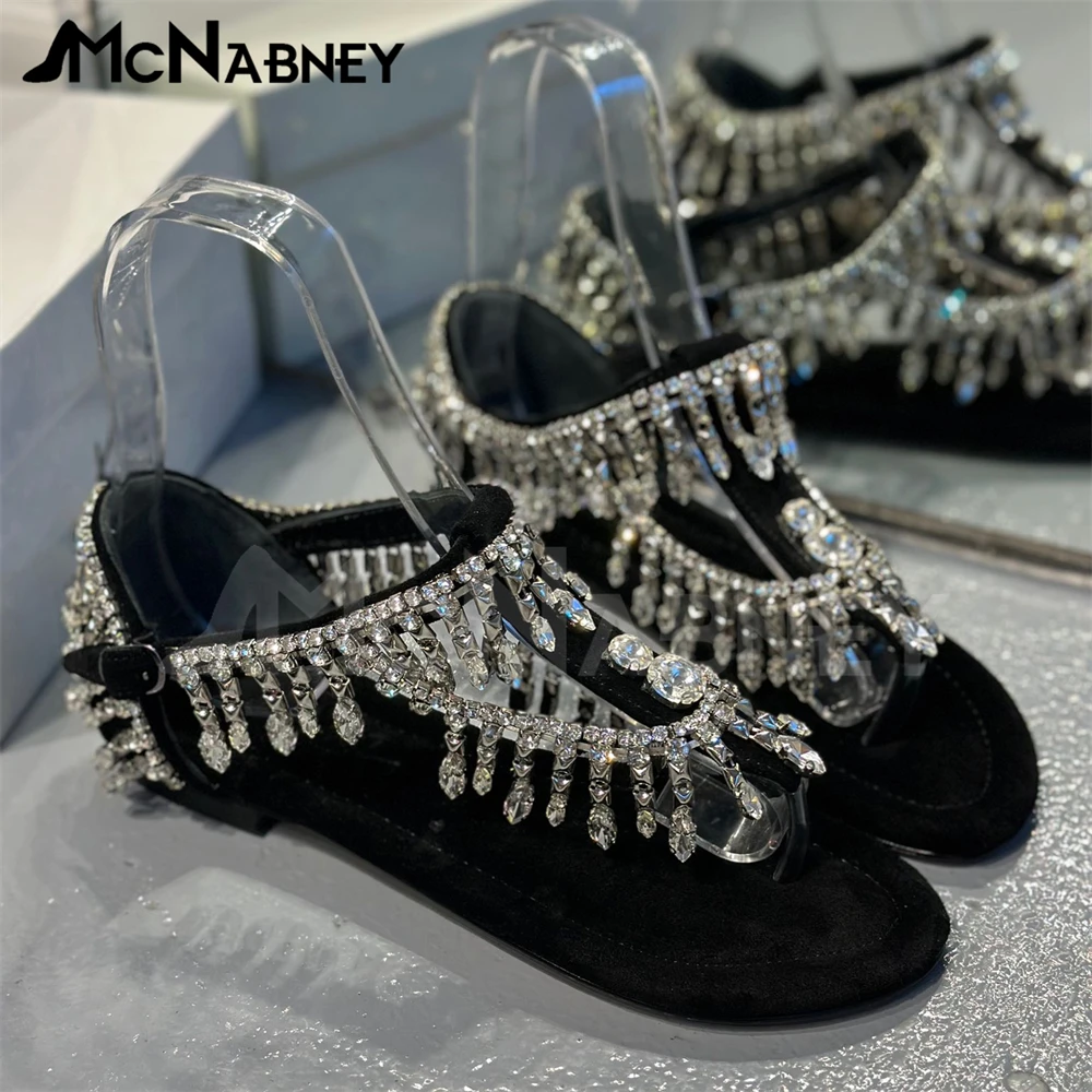 

Luxurious Crystal Suede Sandals Rhinestone Summer Flats Bling Bling Buckle Shoes for Women Custom Colour Large Size Dropshipping