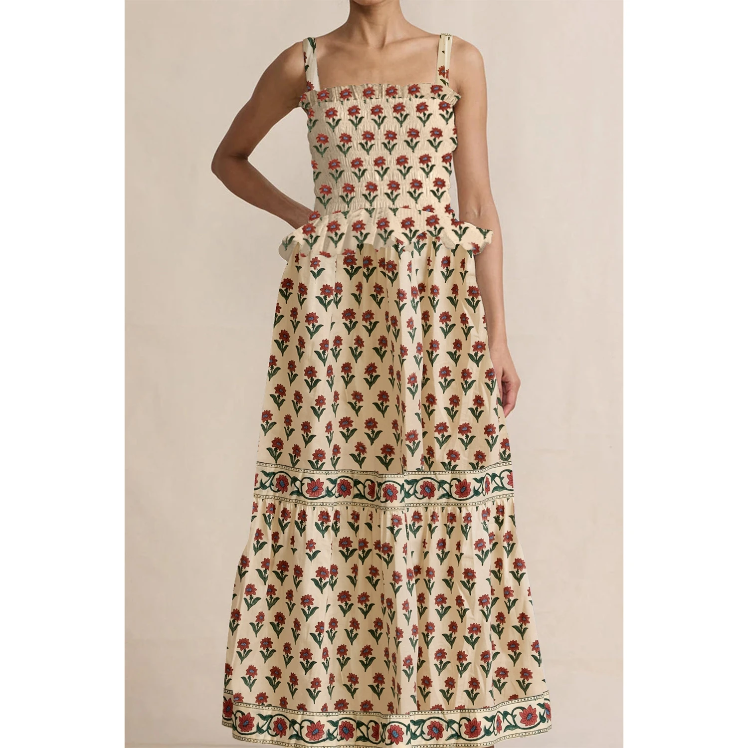 2025 nova coleção feminina flor impressão vestido longo sem mangas fino ajuste bodycon em camadas vestido de verão vestido justo casual