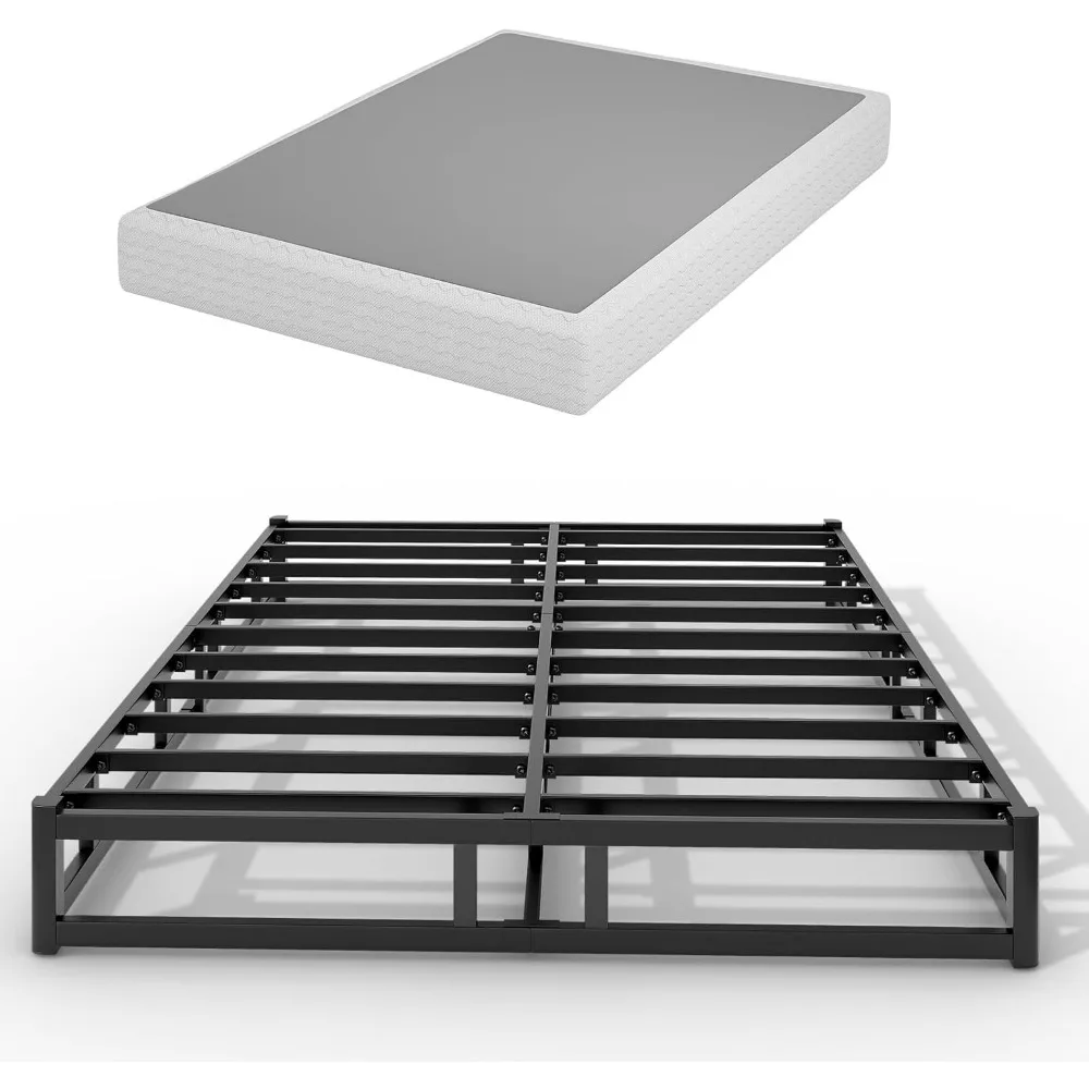 Base de cama de perfil bajo con somier, base de colchón Matel con funda lavable de algodón, soporte resistente y silencioso de fácil montaje para todos