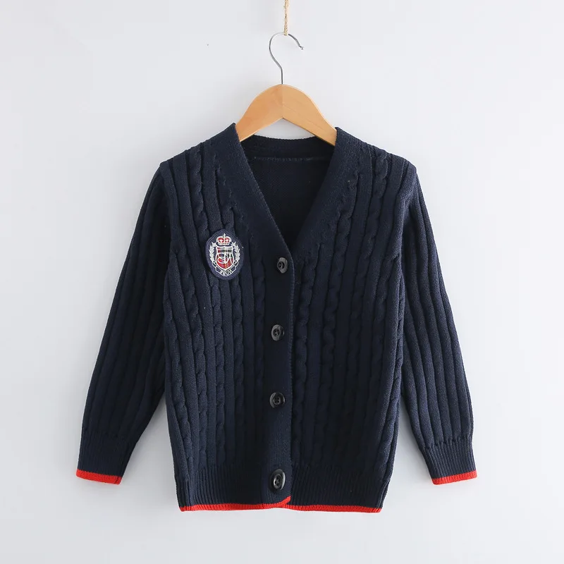 

2025 Spring Autumn New Child Solid Color Cardigan Knitted Cotton Sweater Thick Warm 3-10T Boys V-neck Wool Sweater