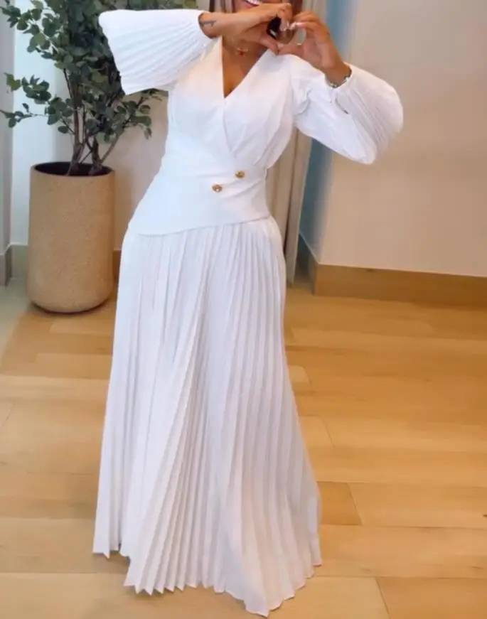 

Women's Casual Cinched Waist Pleated Dress Button Decor Overlap V-Neck Puff Sleeve Zipper Side Party Dress for Women Dresses