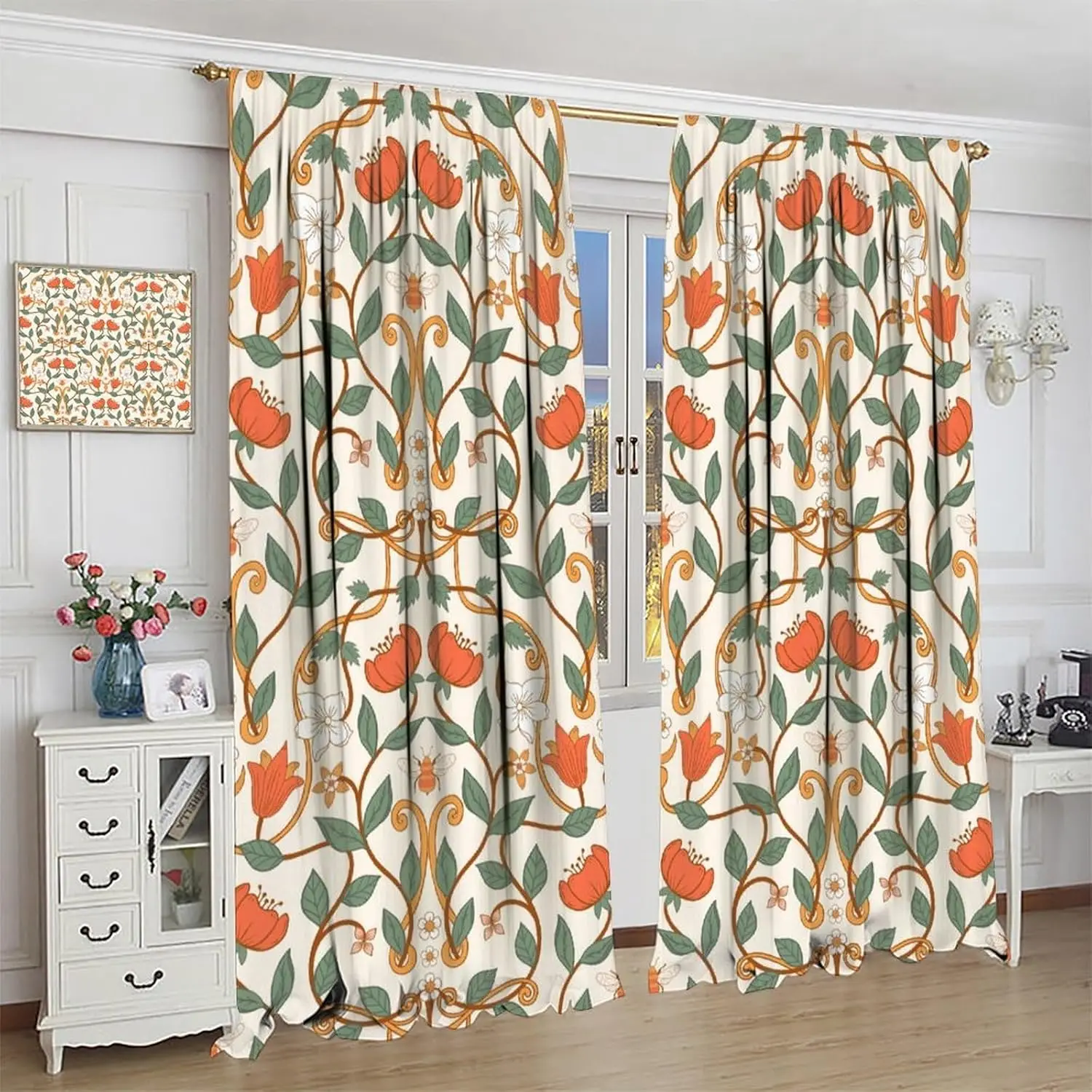 Vintage Flower Curtains,Mid-Century Floral Window Treatments for Bedroom Living Room Kitchen Retro Style Abstract Plant Drapes