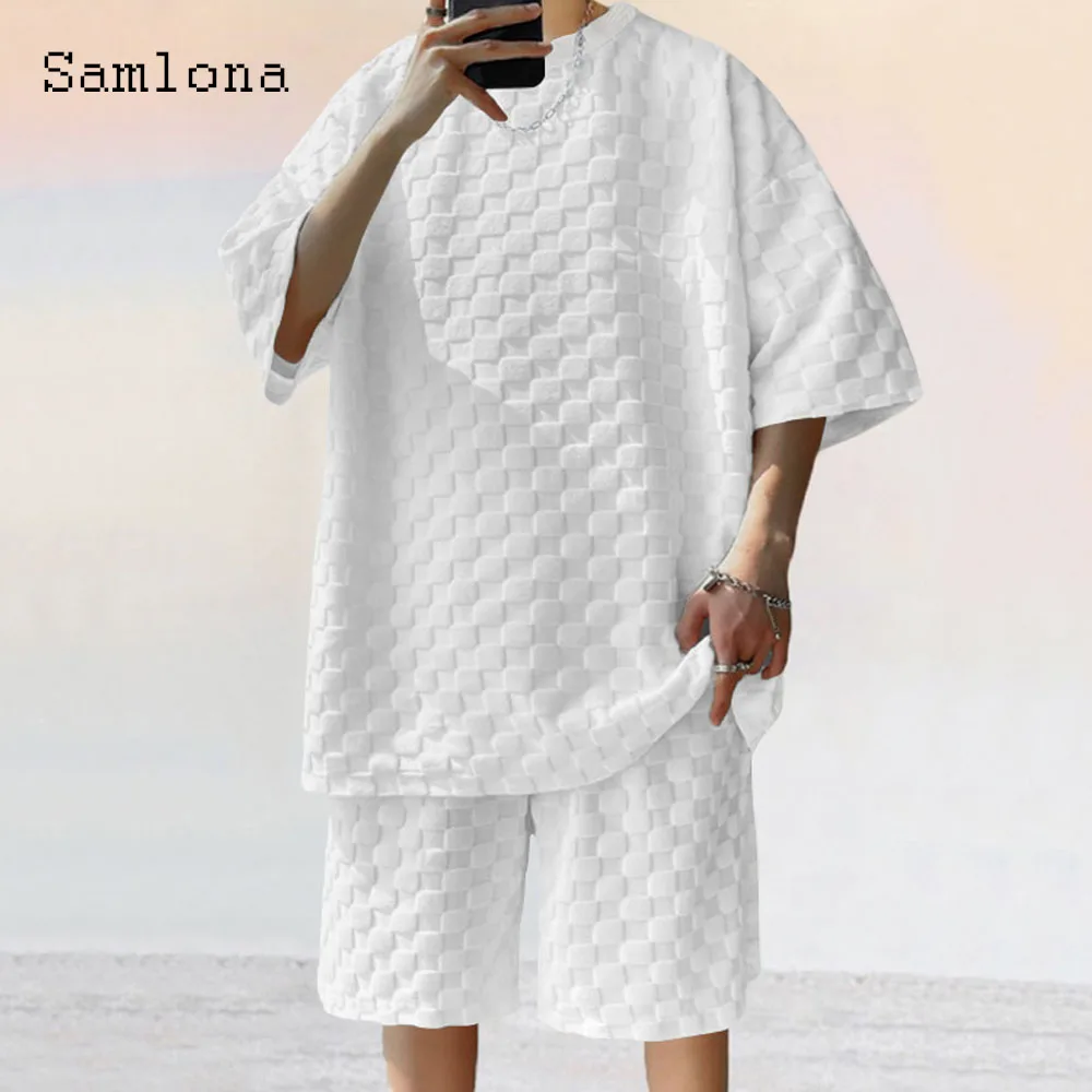 Plus Size Mens Cut Out Plaid Two Piece Sets 2024 Half Sleeve Basic Tops and White Shorts Suit Men Casual Loose Tracksuits Set