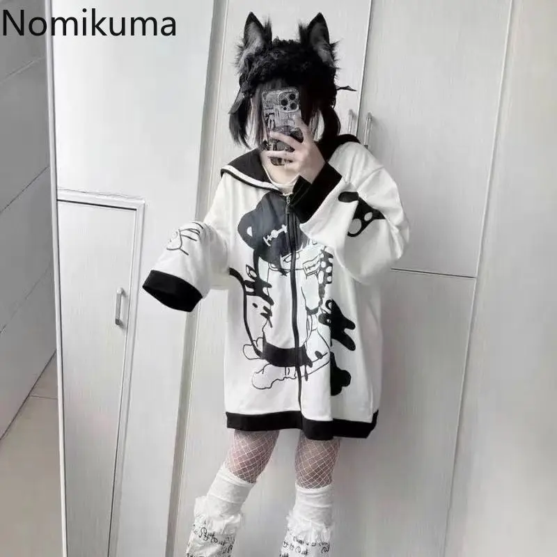 Anime Hoodie Women\'s Clothing Sailor Collar Thicked Cat Print Zipper Sweatshirts Coat Y2k Tops Casual Fashion Loose Cute Hoodies